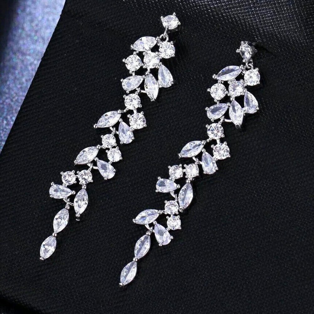 18k Silver Crystal Drop Rhinestone Dangle Earrings Wedding Bridal Prom Earrings